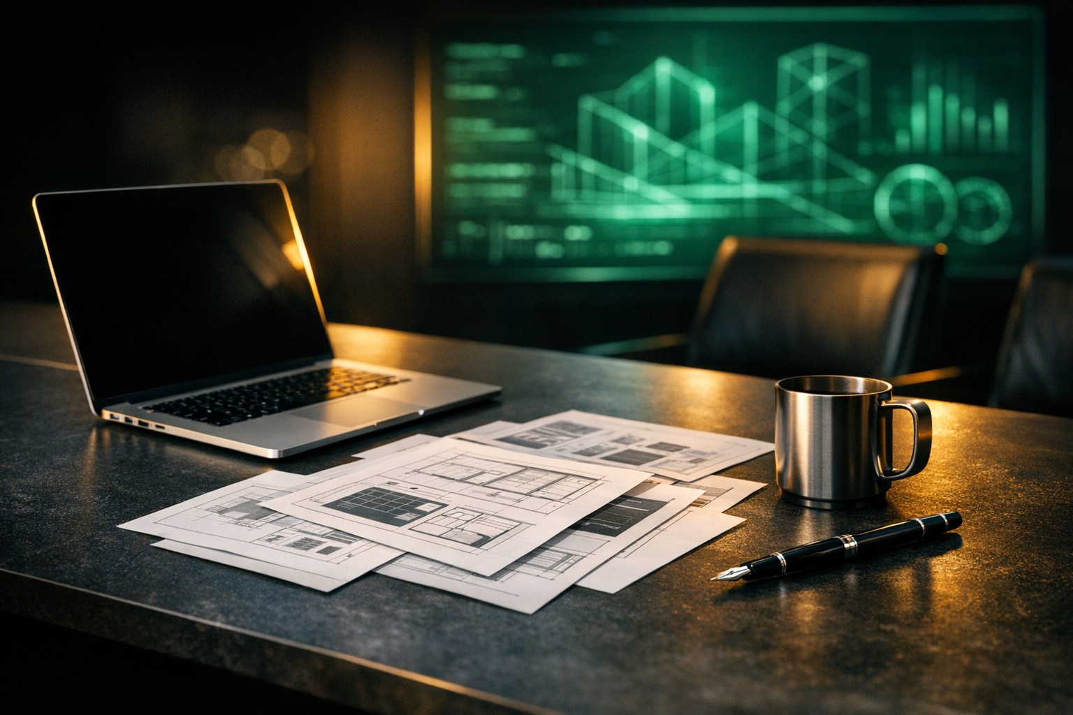 Corporate design review desk featuring architectural blueprints and digital wireframes.