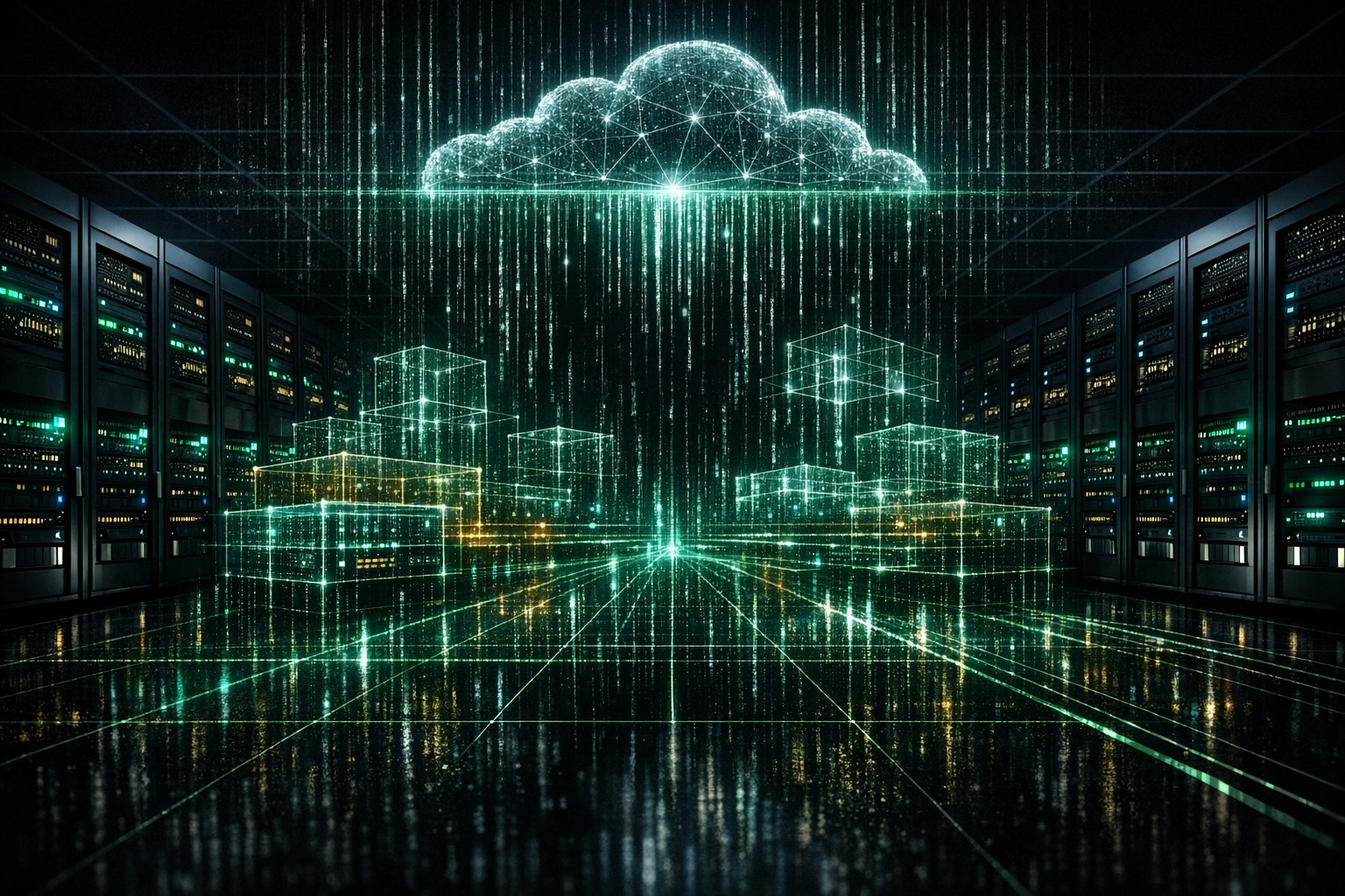 Secure enterprise data center racks displaying hyperconverged cloud infrastructure.