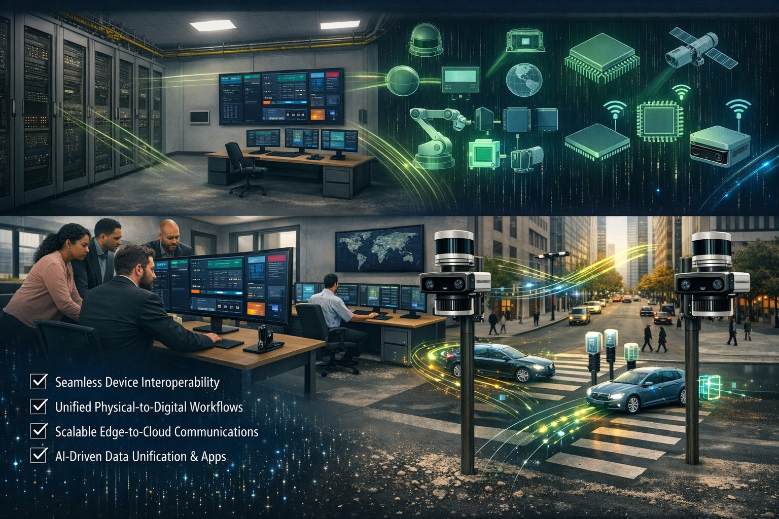 A visualization of an intelligent AI system with spatial perception data overlays on a city environment.