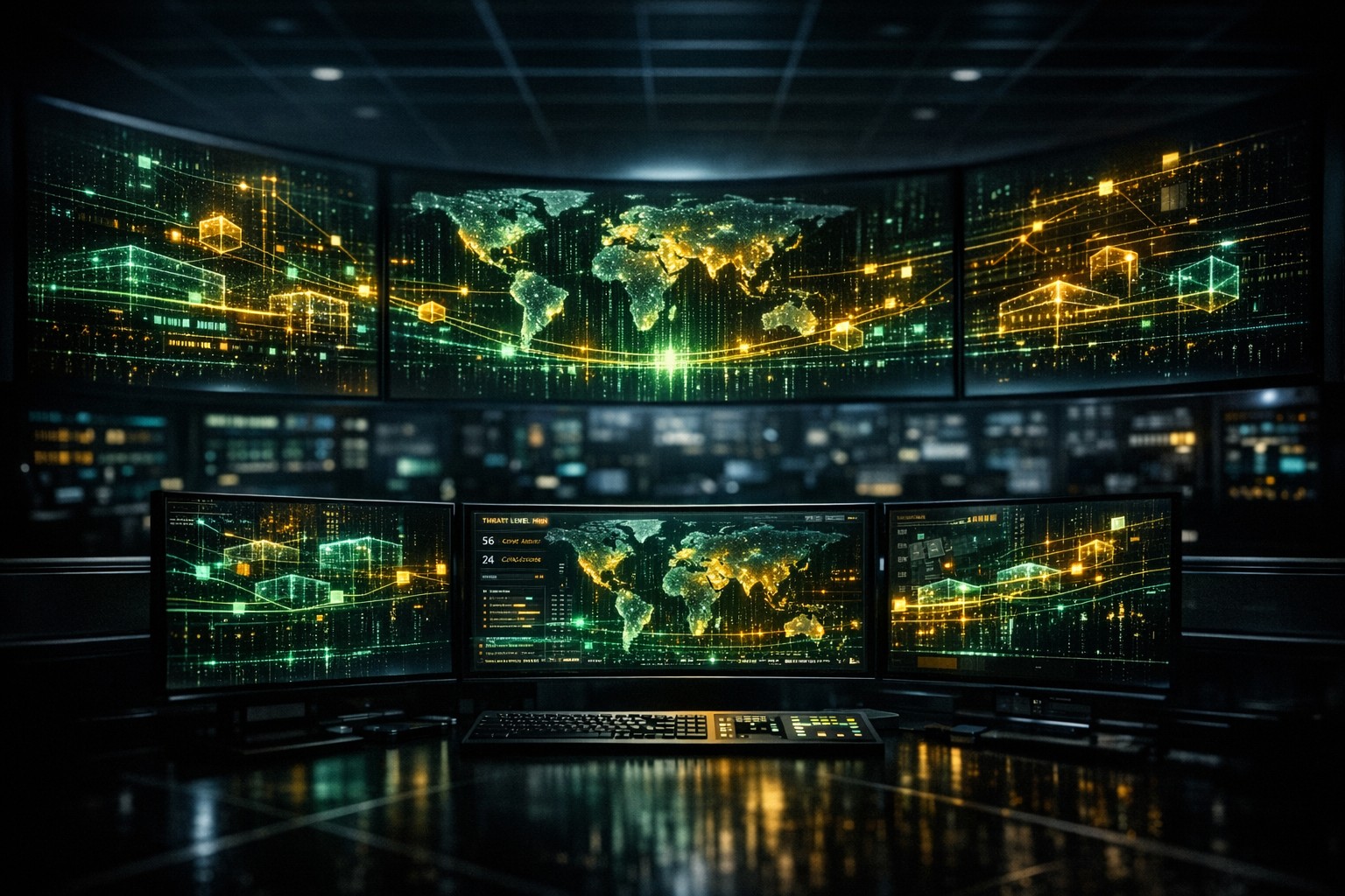 Security Operations Center (SOC) dashboard tracking real-time cyber threats.
